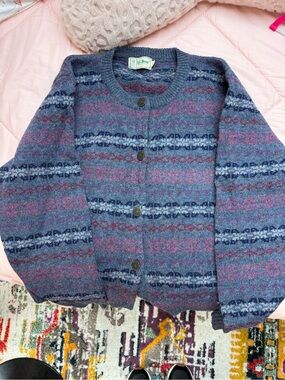 L.L. Bean Purple and Blue Fair Isle Button Cardigan